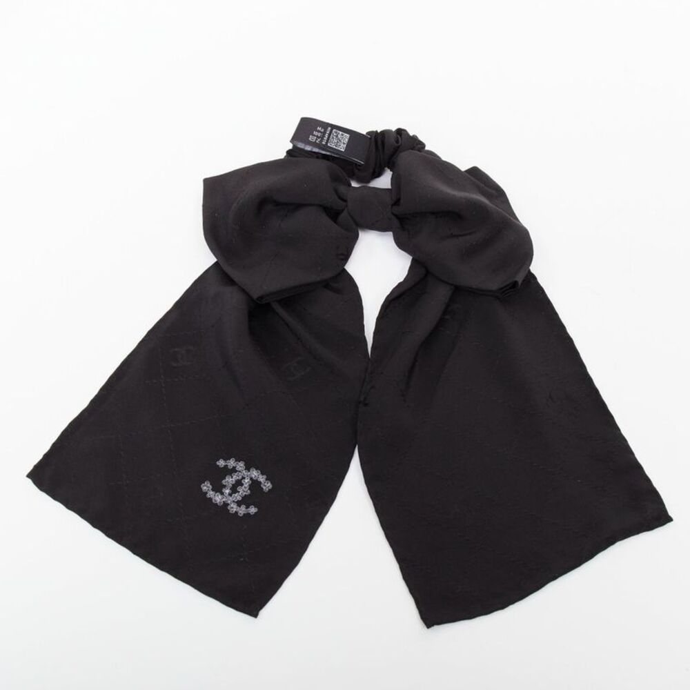 Chanel Black Silk Bow Floral Hair Tie Scrunchie